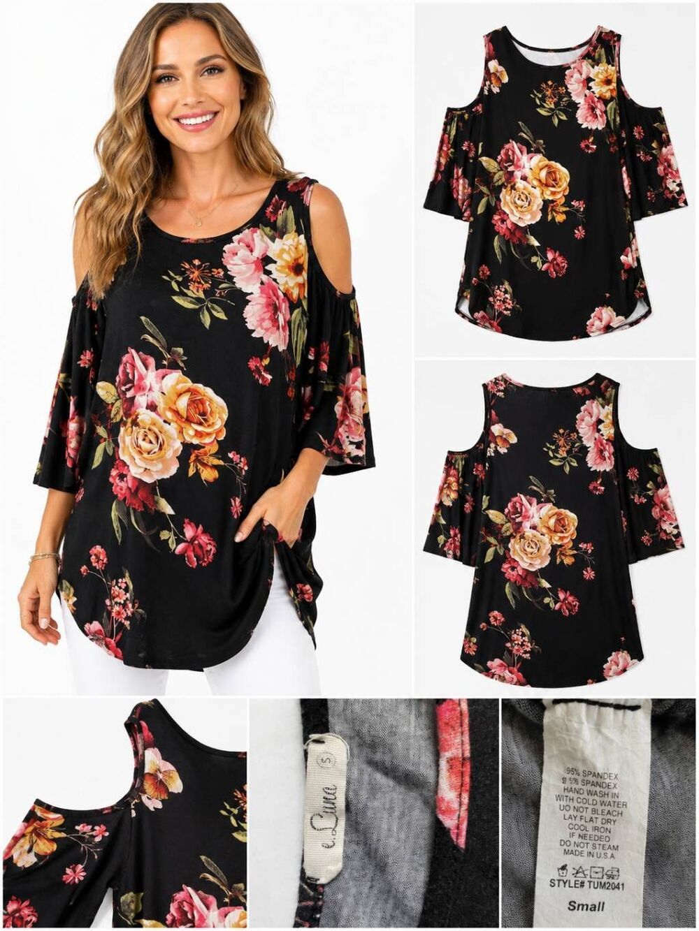 e. Luna S Black Floral Cold Shoulder Tunic Top